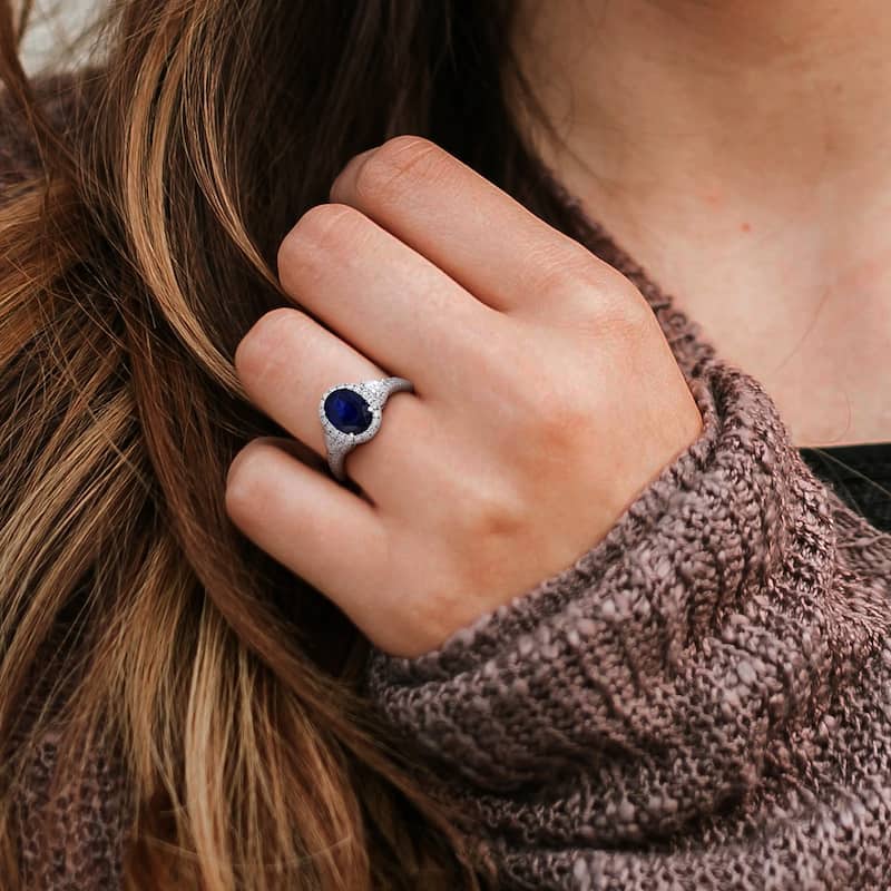 Miadora 2 1/5ct TGW Oval-Cut Blue Sapphire 7/8ct TDW Heart-Cut Diamonds Halo Ring in 14k White Gold