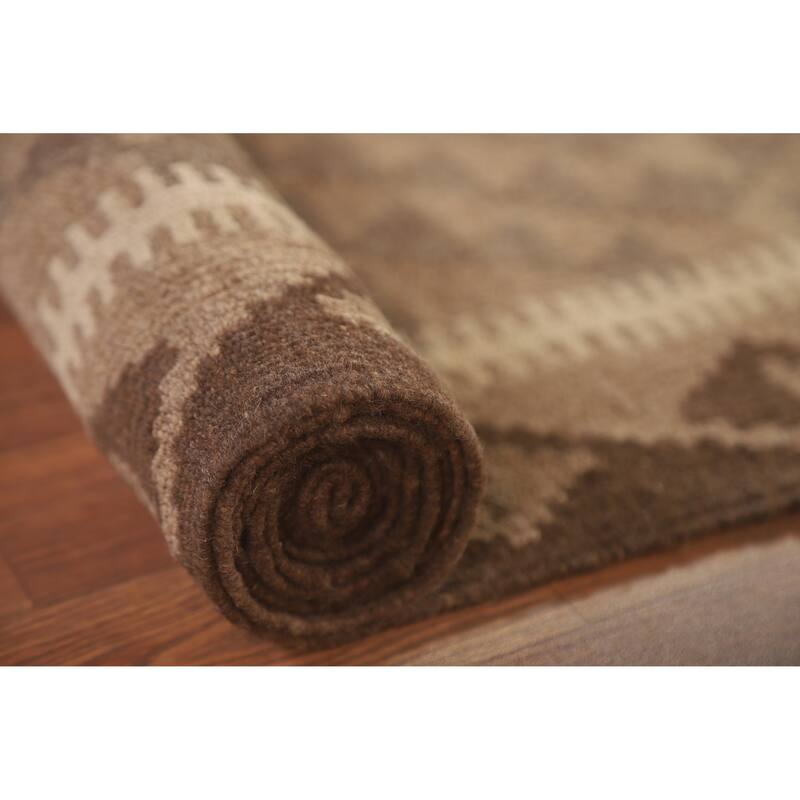 Hand Woven Oriental 100% Wool Carpet Southwestern Geometric Brown Kilim Area Rug - 9' 6'' X 6' 11''