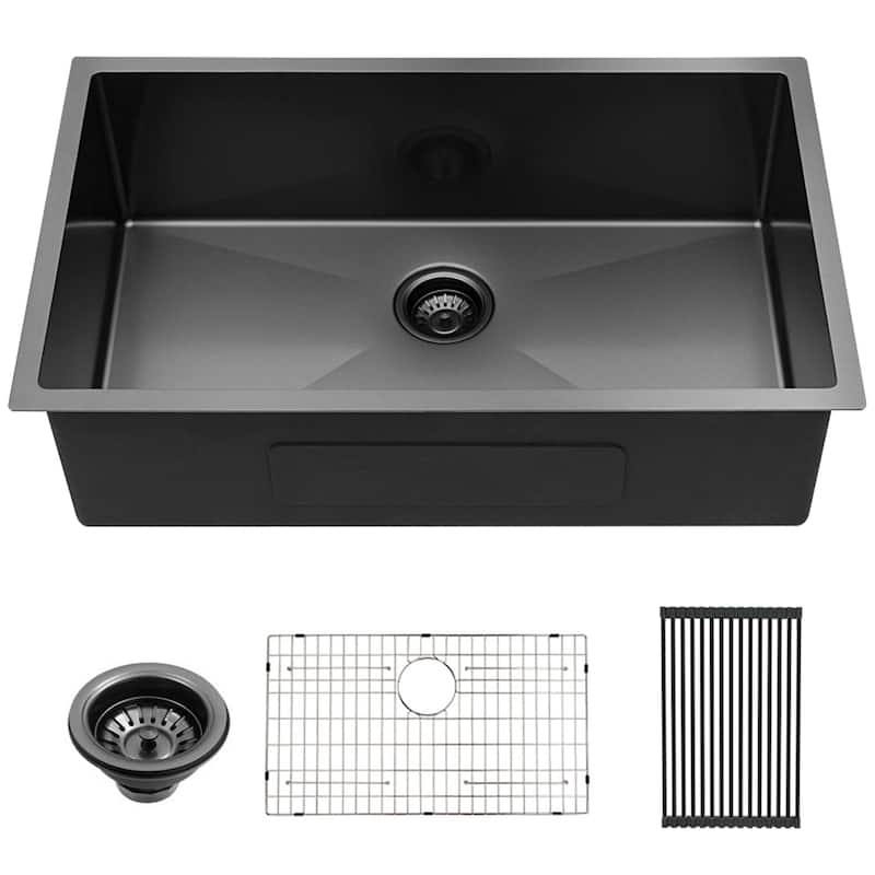 28" Undermount Kitchen Sink Gunmetal Black Stainless Steel Deep Single Bowl Kitchen - 28" x 18" x 10"