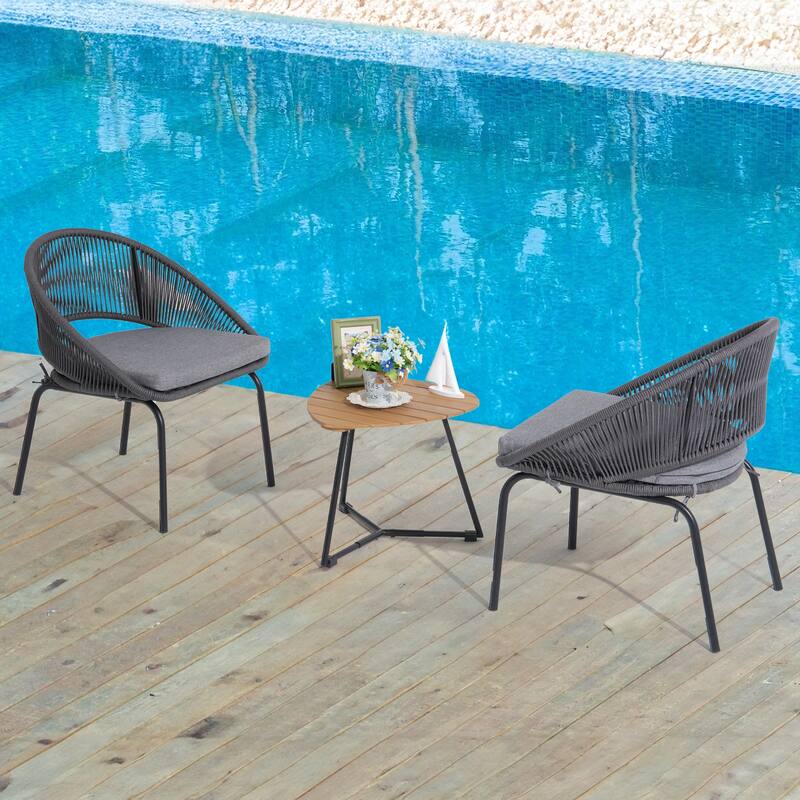 Luxurious 3-Piece Metal Woven Rope Outdoor Bistro Set with Gray Cushion & Coffee Table - 24.8*24.6*29.2 INCH