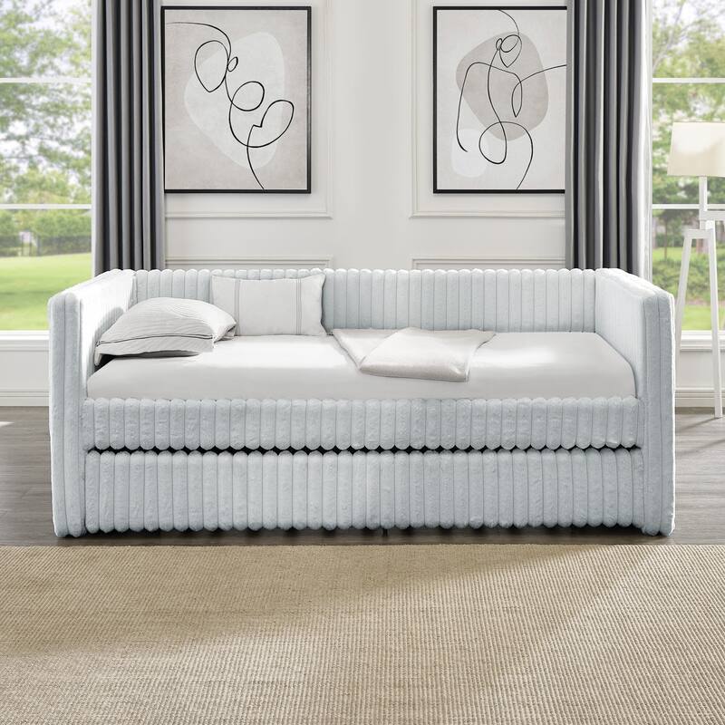 Striped Corduroy Fabric Upholstered Daybed with Trundle,Twin Size