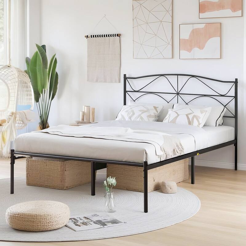 VECELO Wave Design Metal Bed Frame with 12.6" Underbed Storage High Headboard Industrial Platform Bed