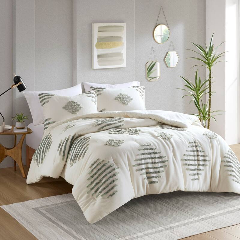 GDF Studio - Tahli Cotton Blend Chenille Comforter Set - Green+Ivory