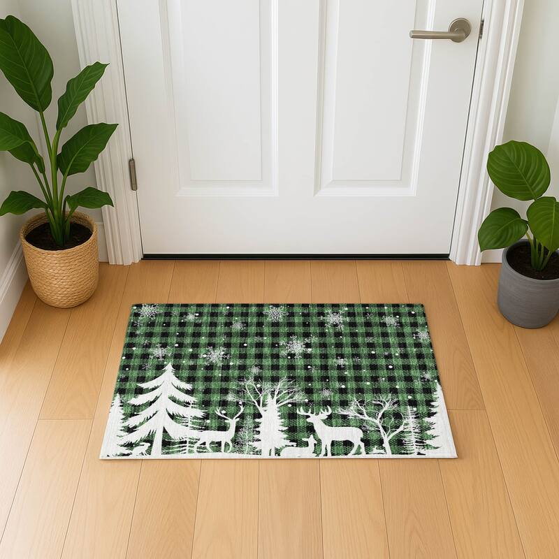 Premium Washable Super Soft Winter Reindeer Tree Mayfield Rug - Green - 1'8" x 2'6"