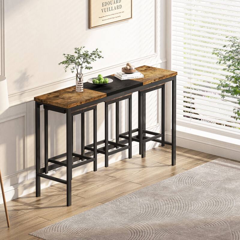 Modern Design Kitchen Dining Table, Pub Table, Long Dining Table Set with 3 Stools, Convenient Hanging Stool Design