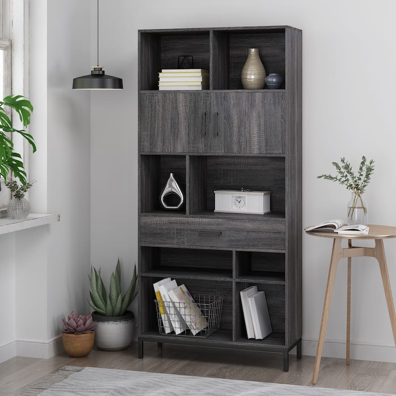 Roomfitters Tall Bookshelf with Open Storage Shelves, Cabinet Doors and Drawer, Freestanding Bookcase, Grey - Grey