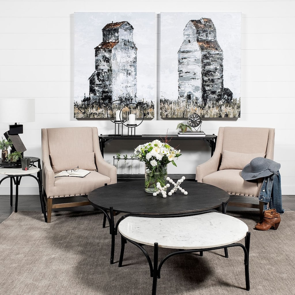 Etienne White Marble Top w/ Black Iron Frame Round Coffee Table - 36"W x 36"L x 15"H