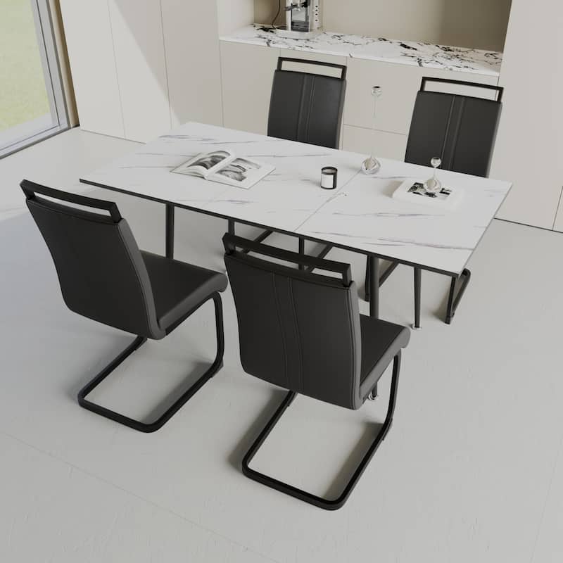 Modern Dining Set with Rectangular Extendable Table & High Back C-shaped Tube Chairs