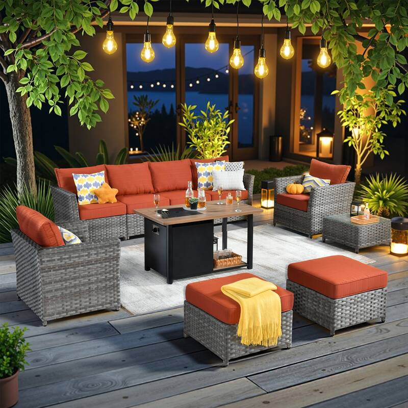XIZZI 10-piece Outdoor Patio Furniture Conversation Set with Fire Pit - Red/Orange