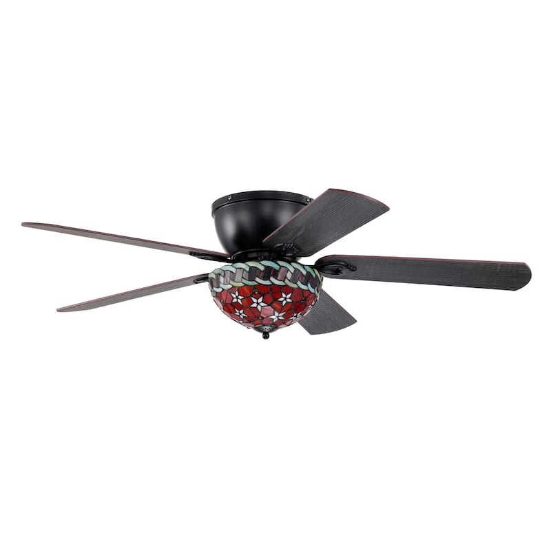 Chergo 52-Inch Flushmount Lighted Ceiling Fan Red Flower Tiffany Glass Lamp Black Finish
