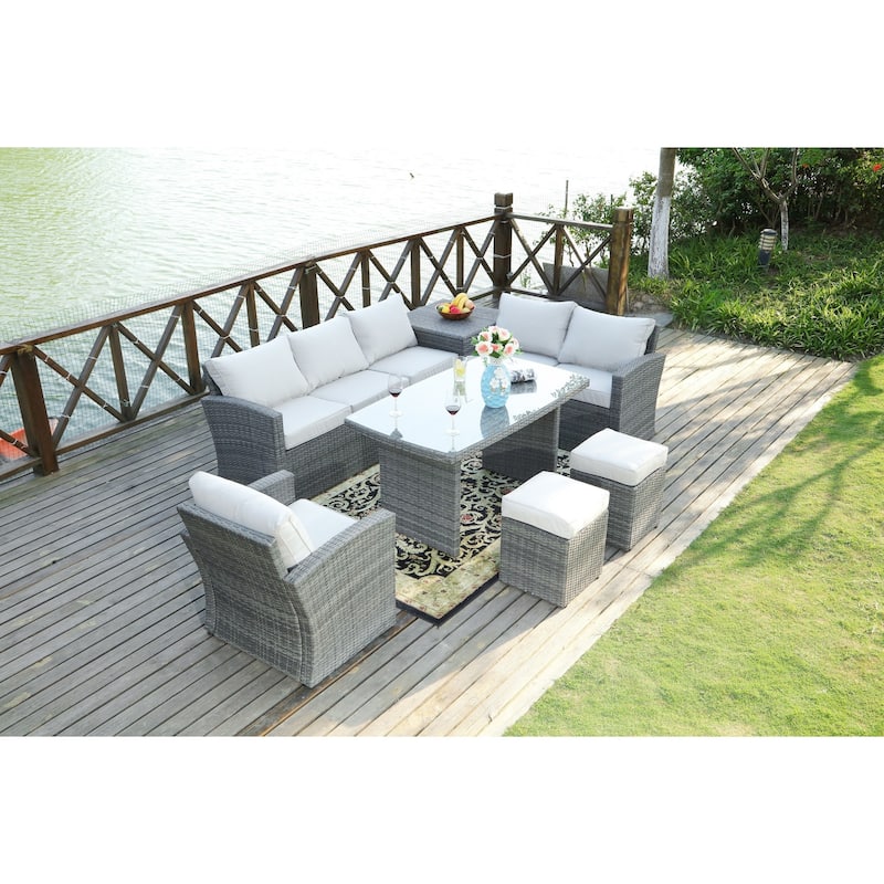 7 Piece Rattan Sofa Seating Group with Cushions Side Storage Box