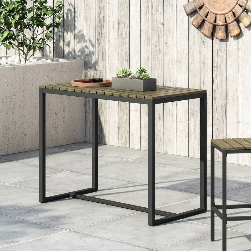 EZRA BAR TABLE Grey Black Acacia Wood Outdoor Industrial 51.25W x 27.5D x 40.25H - Grey+Black