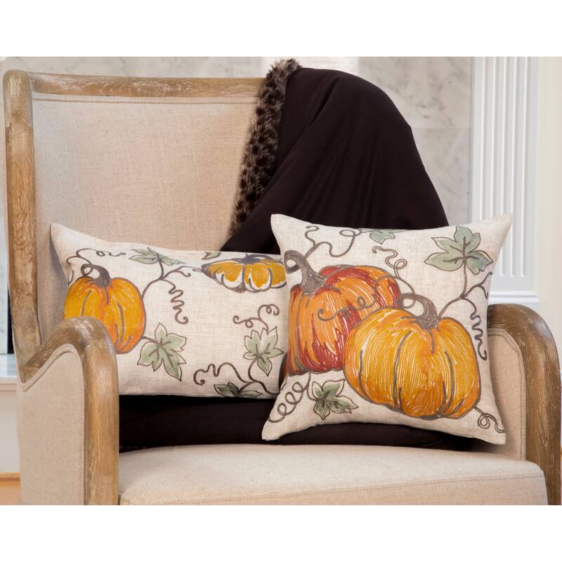 Rustic Pumpkin Crewel Embroidered Fall Pillow, 14 by 14-Inch