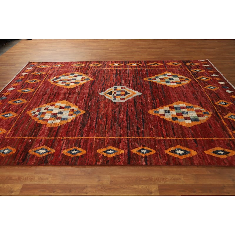 Geometric Moroccan Oriental Rug Handmade Red Wool Carpet - 6'9" x 9'11"