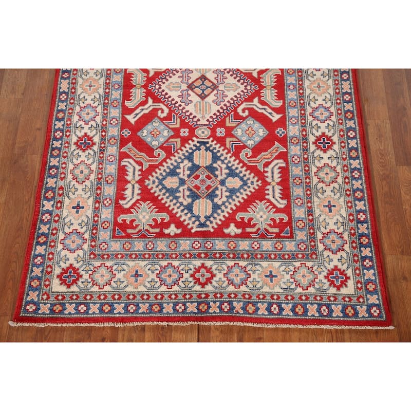 Red Kazak Rug Hand-Knotted Traditional Wool Carpet - 3'11"x 6'1"