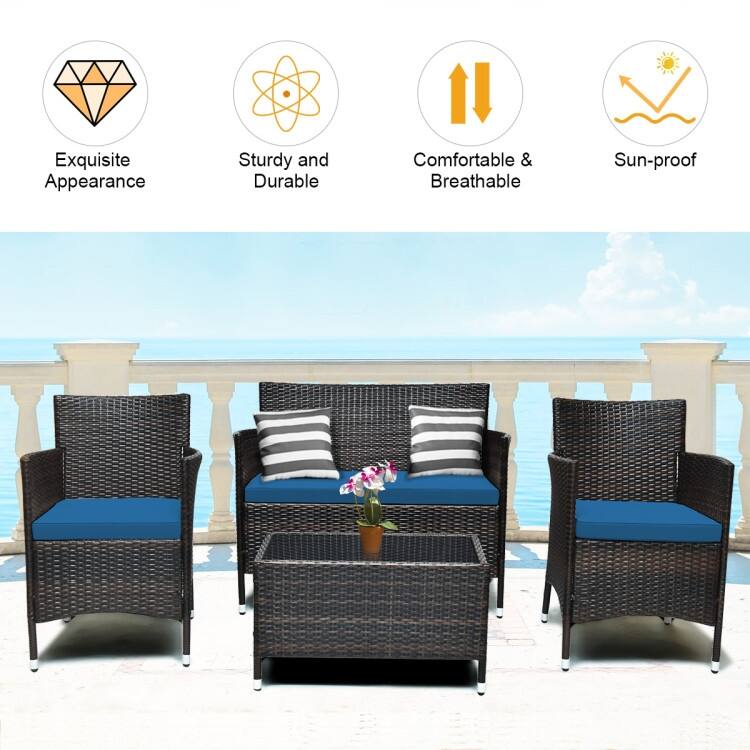 Rattan Patio Conversation Furniture Set with Glass Table and Comfortable Sofa - 4 Pcs