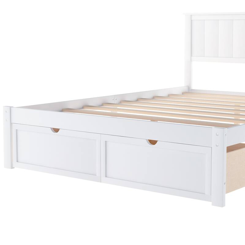 White Full Size Platform Bed with Under-bed Storage Drawers and Solid Pine Frame