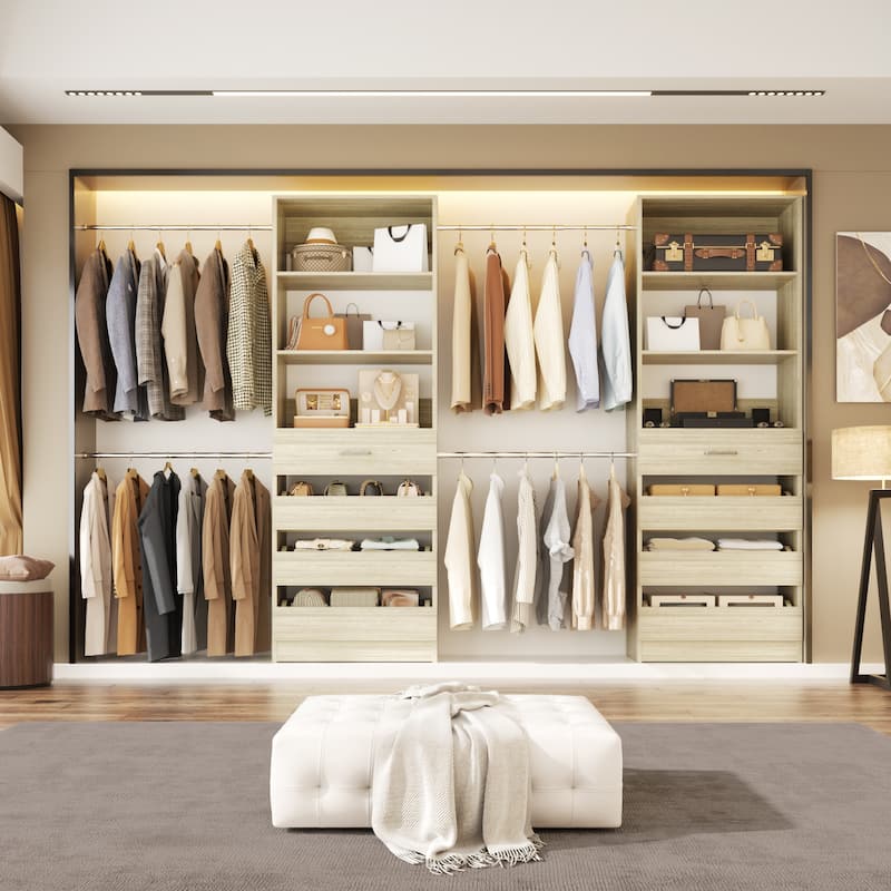 Qvella 95''-136'' W Closet System with 8 Wooden Drawers and 4 Hanging Rods, Walk-in Closet Organizer with 6 Storage Shelves