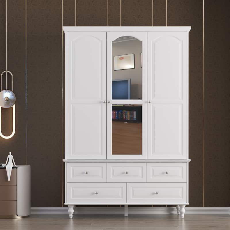 70.9"H Family Wardrobe/Armoire/Closet with Mirror Doors White Lacquer