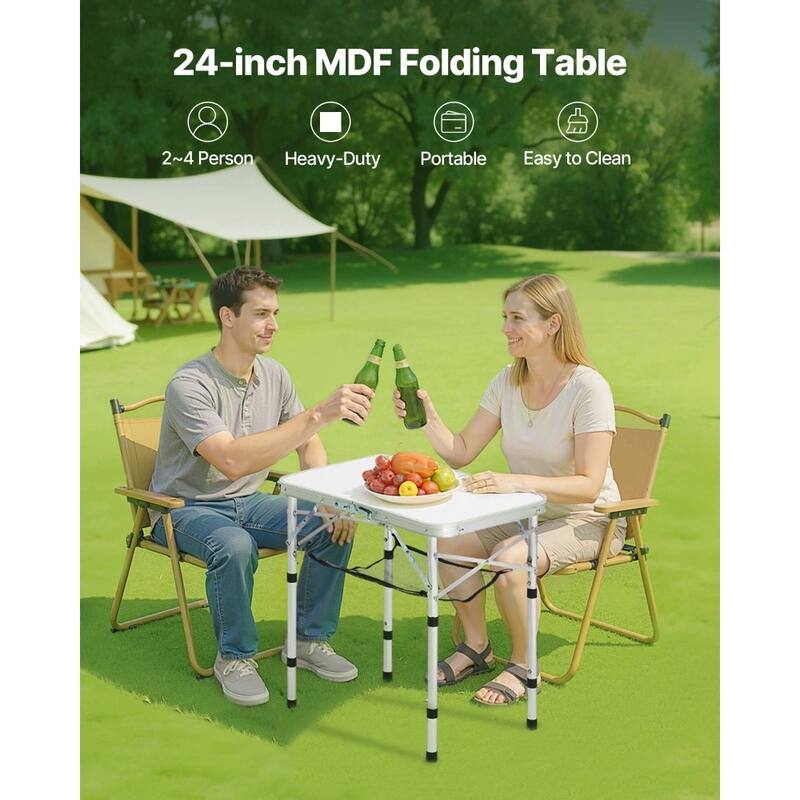 2 Feet Silver Portable Folding Camping Table with Adjustable Height and Lightweight MDF Top for Outdoor Use