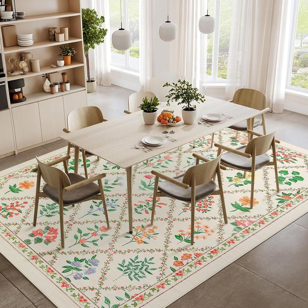 Vintage Floral Washbale Floor Cover Area Rug for Bedroom, Living Room, Beige - 1'6" x 2'6"