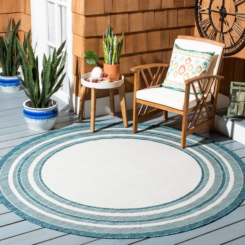 SAFAVIEH Courtyard Vickie Indoor/ Outdoor Waterproof Patio Backyard Rug - 4' x 4' Round - Ivory/Teal
