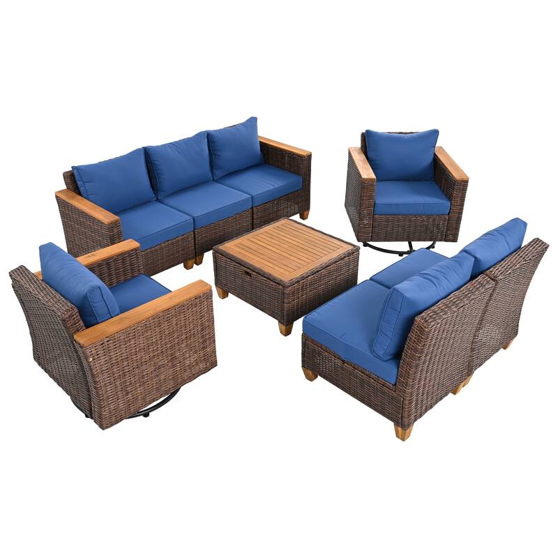 8-Piece Wicker Outdoor Patio Furniture Set with Thick Cushion, Rattan Patio Swivel Rocking Chairs Set