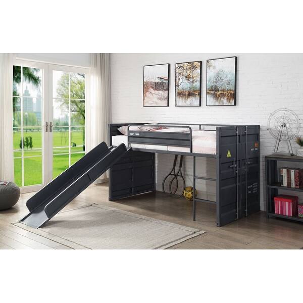slide 2 of 12, Twin Size Metal Loft Bed with Slide for Kids, Boys and Girls, Bedroom Gunmetal