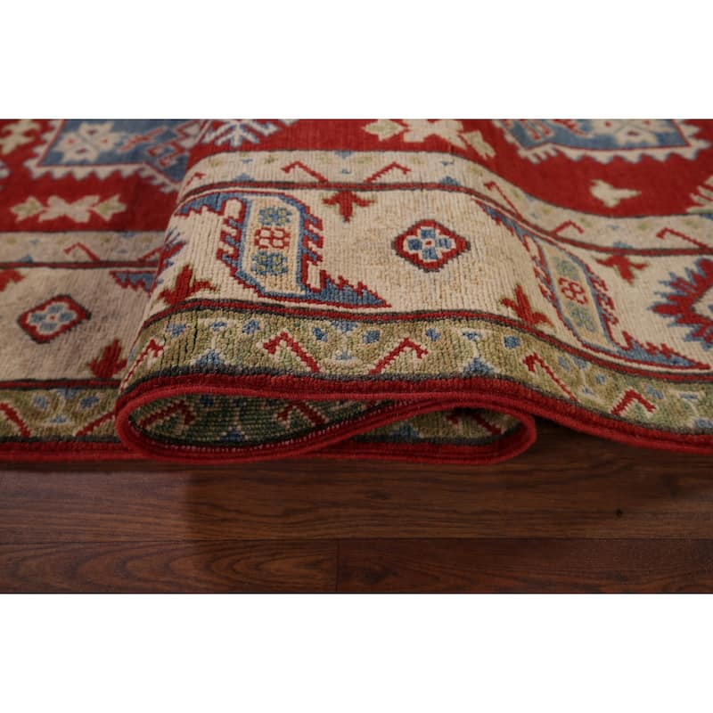 Geometric Red Kazak Runner Rug Hand-Knotted Hallway Wool Carpet - 3'11" x 13'4"