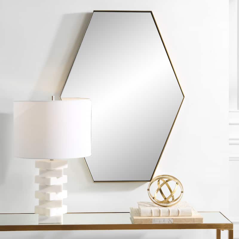 Hexagon Framed Wall Mirror - 34" - Brass Tone