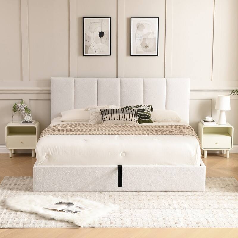 Full Size Lift-Up Storage Bed, White - Off White - King