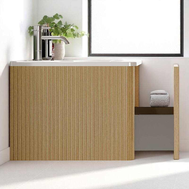 36" Floating Bathroom Vanity, Integrated Ceramic Sink, Push-Open Drawer & U-Shape Wall Fitting,Wall-Mounted MDF Vanity Cabinet
