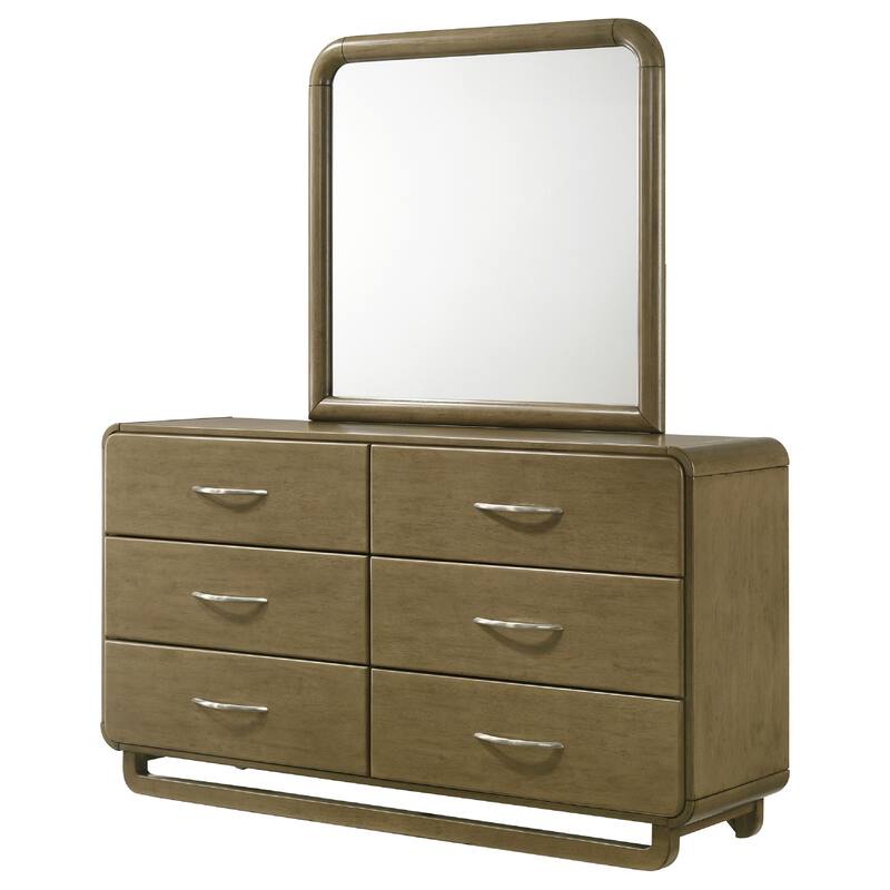 Deon Wide Dresser with Mirror, 6 Drawers, Brown Wood, Matte Nickel