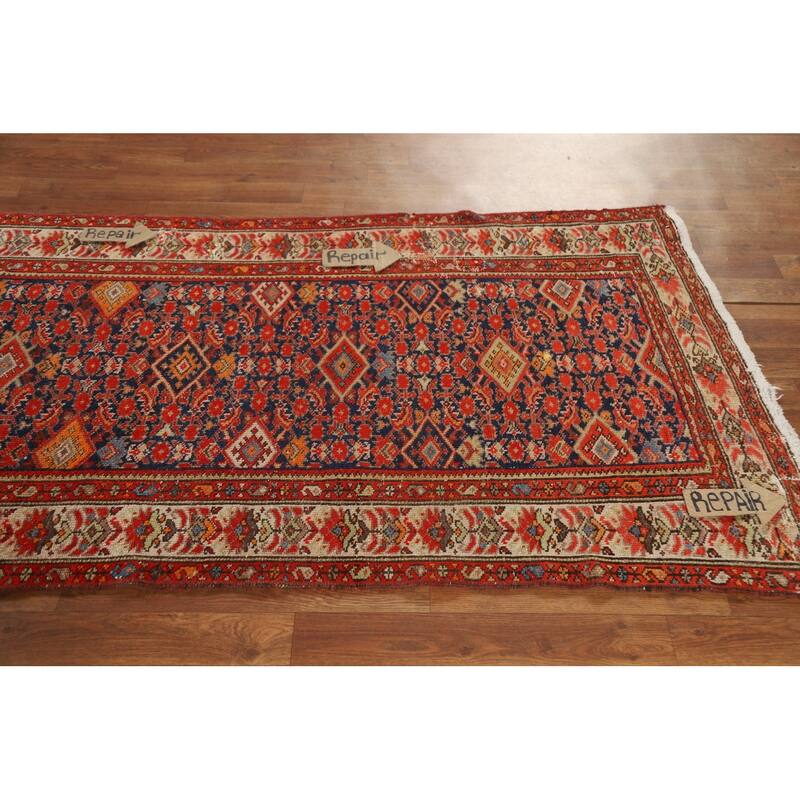 Pre-1900 Antique Blue Malayer Persian Runner Rug Handmade Wool Carpet - 3'2"x 16'7"