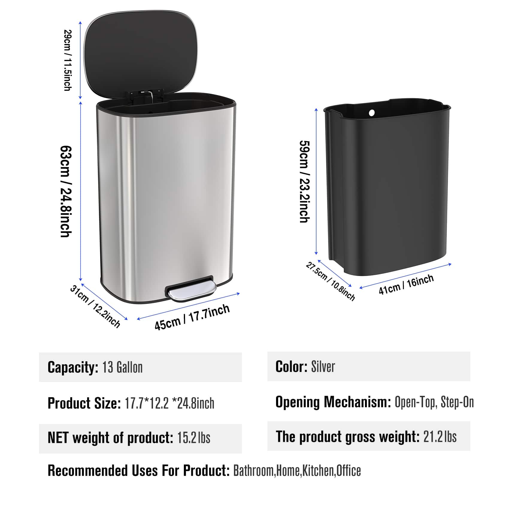 13 Gallon 50L Trash Can with SoftClose Lid, Step Function, and