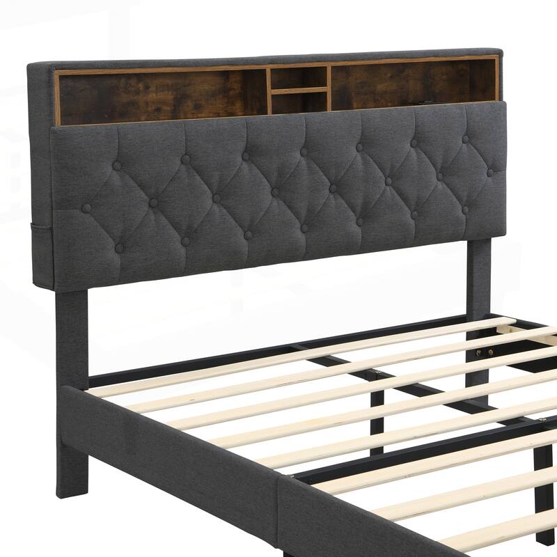 Modern Platform Bed Frame with Tufted Headboard and Multiple Functionalities