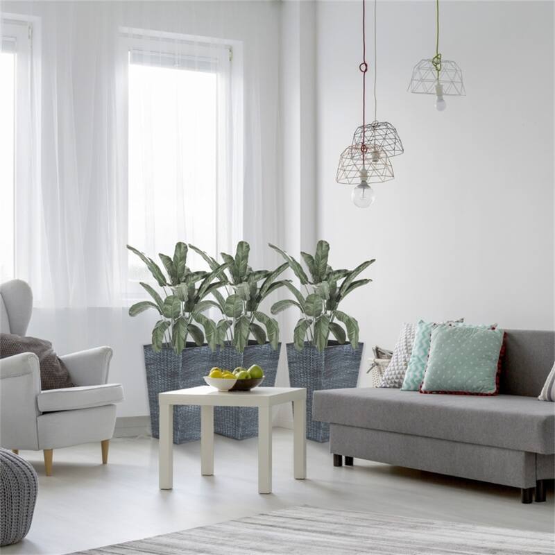 3-Piece Garden Pot Set with Drainage Hole and Rattan Design - 14.25" L x 14.25" W x 24" H - Grey