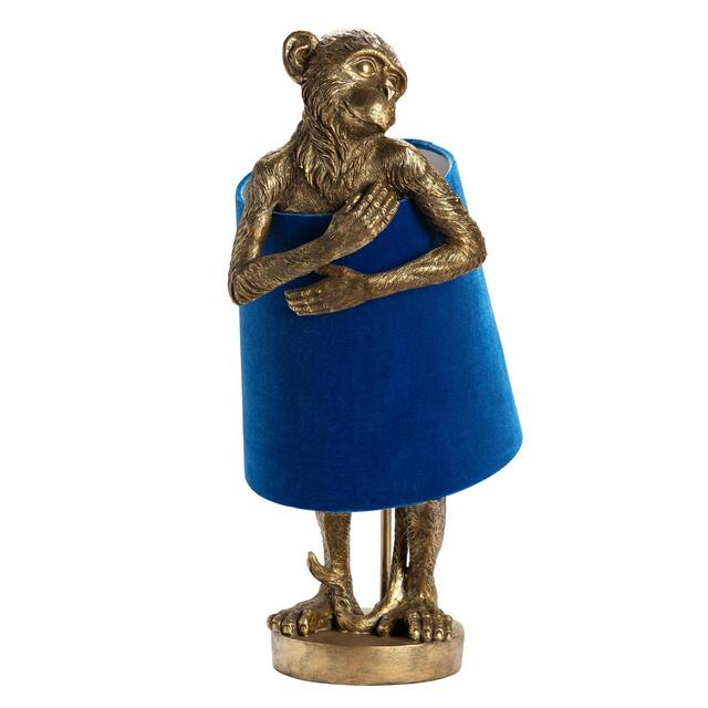 Chester Gold Monkey Table Lamp w/Blue Velvet Shade - 9 x 9 x 21.5