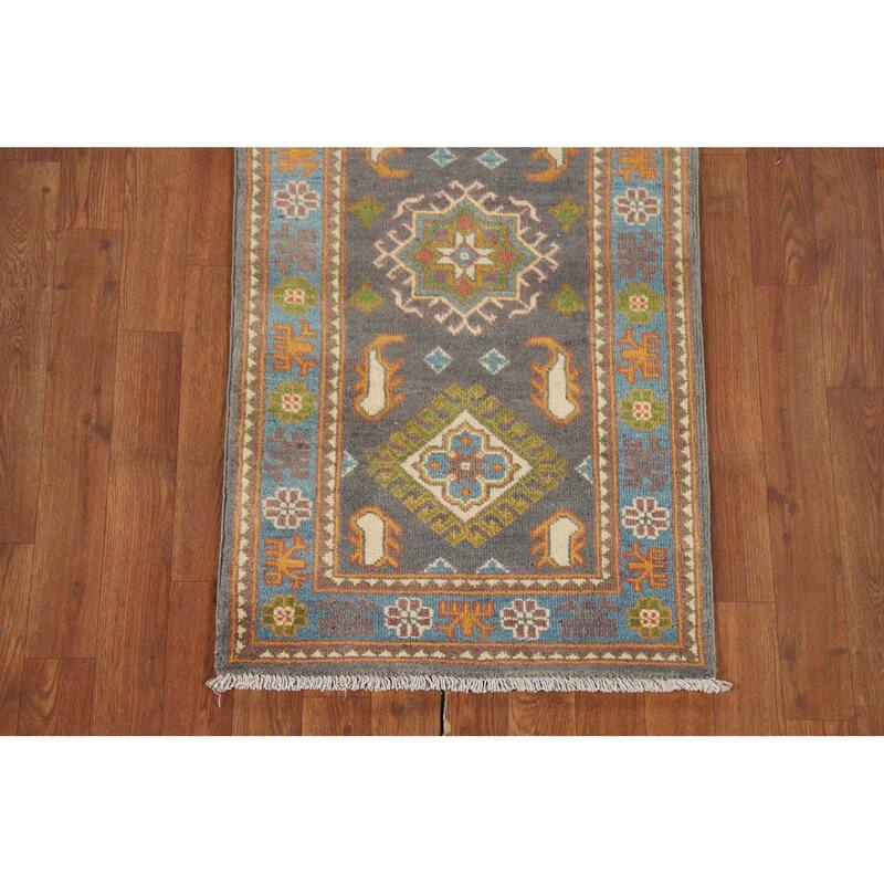 Gray Geometric Kazak Oriental Runner Rug Handmade Grey Wool Carpet - 2'1" x 10'1"