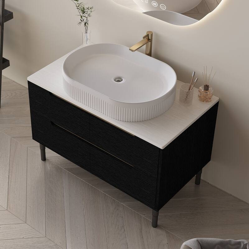 GDFStudio - Luxury 36" Floating/Freestanding Sintered Stone Bathroom Vanity with Ceramic Vessel Sink & Soft-Close Drawers