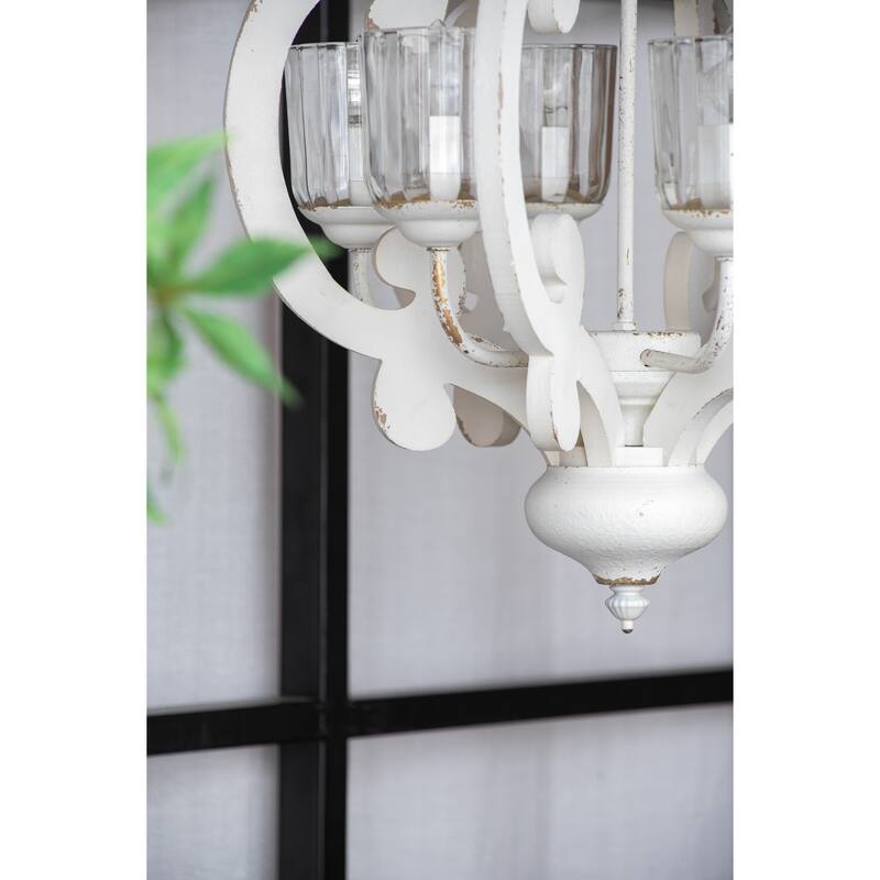 6-Light Wood Chandelier Pendant Light Fixture with Adjustable Chain for Living Room, Exquisite Cream Chandelier Lighting