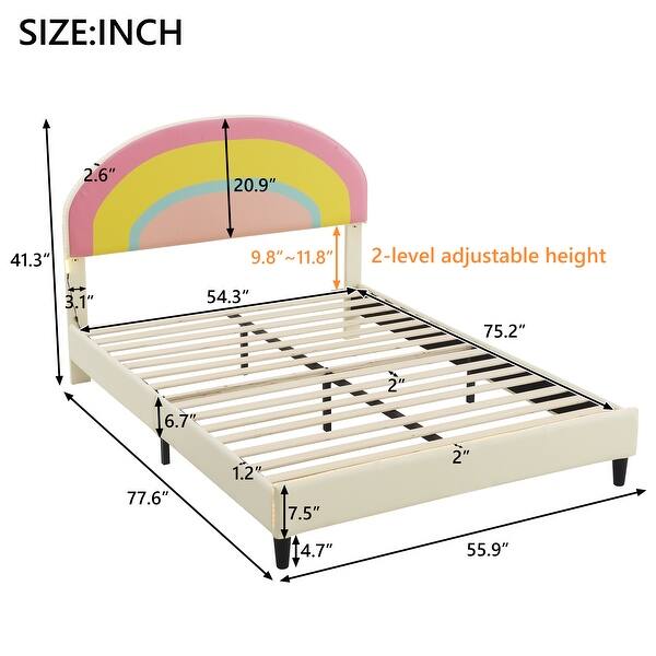 Full Size Mattress Foundation Rainbow Bed Wood Slat Support Kids Platform Bed Frame with Adjustable Headboard - Beige