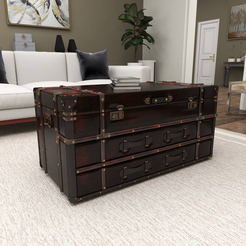 Brown Faux Leather Vintage Faux Leather 2 Drawer Living Room Coffee Table with Buckle Hinged Top