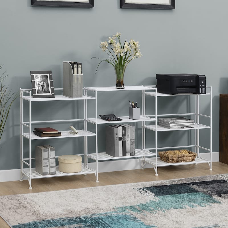 Xtra Storage 3 Tier Wide Folding Metal Shelves with Set of 3 Extension Shelves - White
