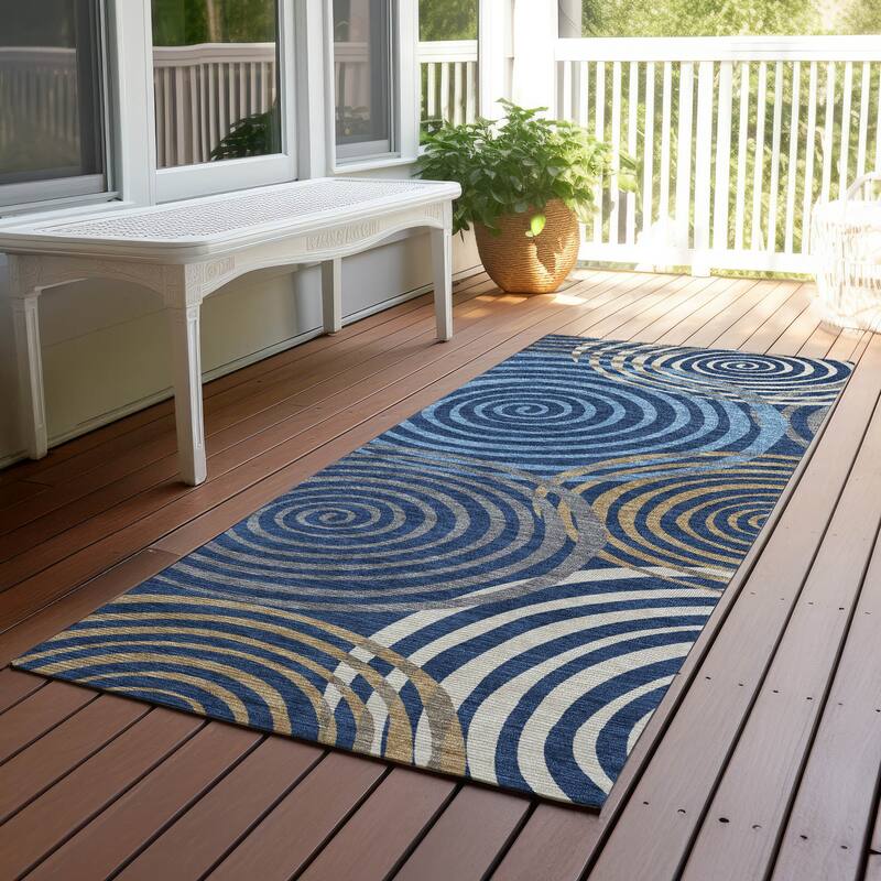 Machine Washable Indoor/ Outdoor Contemporary Swirls Chantille Rug - Navy - 2'3" x 7'6"