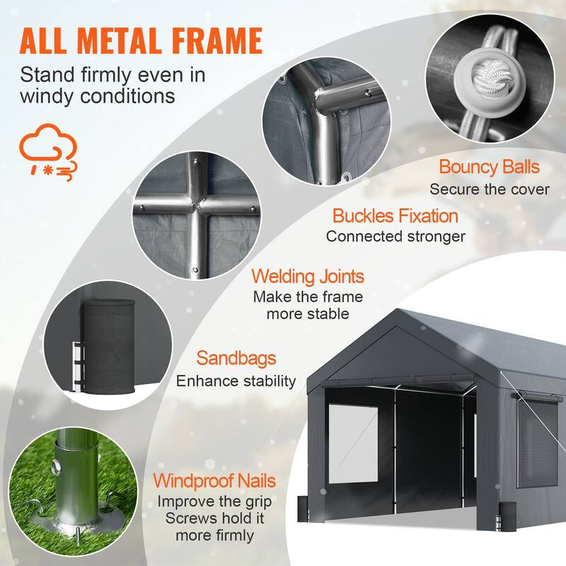 Heavy Duty 12x20ft Carport Canopy Outdoor Garage Shelter with Sides - 144 x 240 x 116.4 Inch