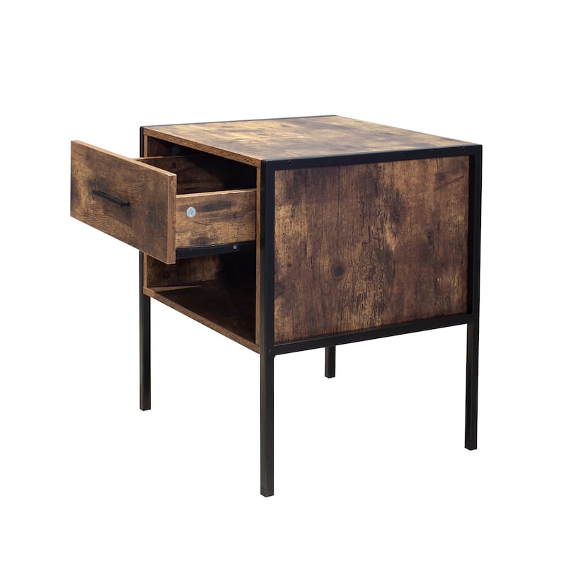 Industrial Nightstand Set of 2, Night Stand with Open Shelf Cabinet, 2 Pcs Wood Nightstand with Metal Handles for Bedroom