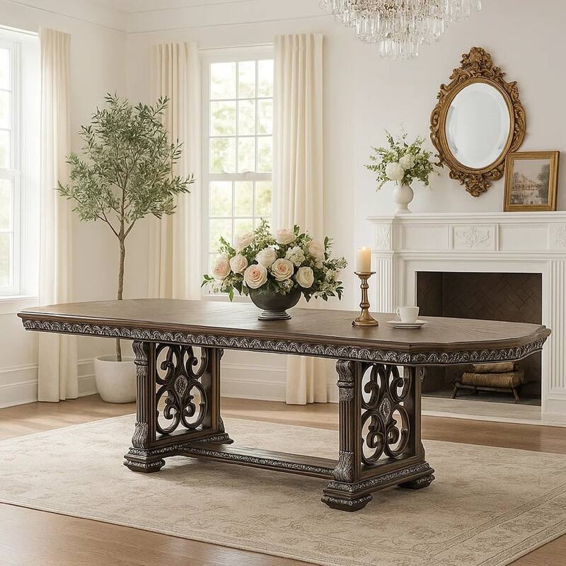 Naddy Dining Table, 80-112 Inch Extendable Top, Dark Brown Floral Motifs - Dark Brown