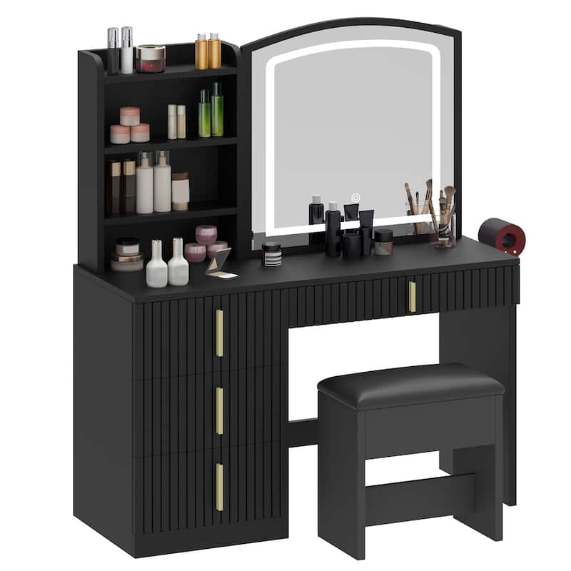 Moasis 39.5"W Makeup Vanity Desk with Mirror & Power Outlet, 4 Drawers Vanity Table Set with Hidden Storage and Storage Stool