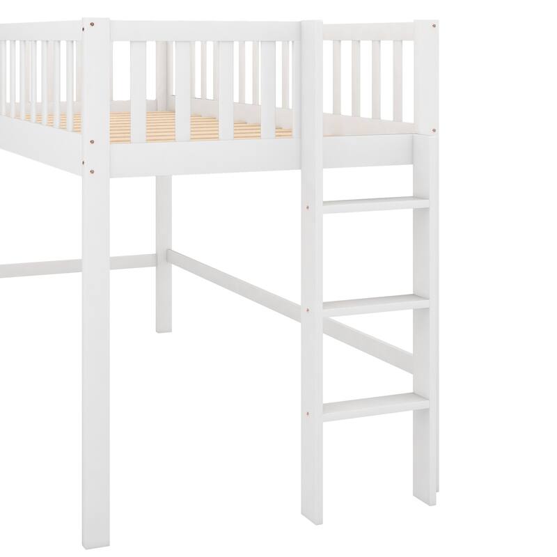 Low Loft Bed with Ladder and Slide, Solid Wood Loft Bed Frame with Full-Length Guardrail for Boys or Girls, No Box Spring Needed